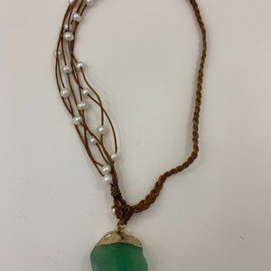 20'  Pearl Green Fluorite Pendant 6 Strand Leather